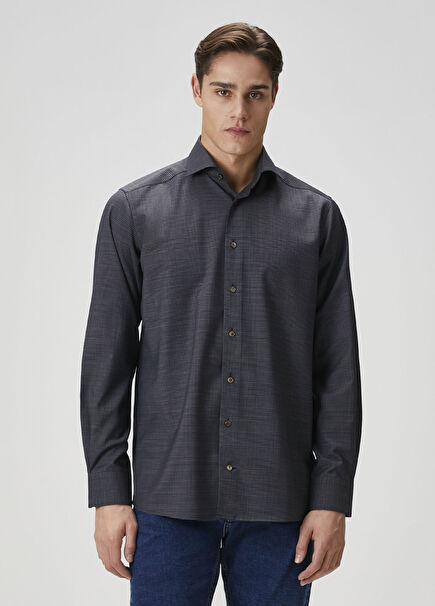 Koyu Gri Ekose Desenli Yün Gömlek
