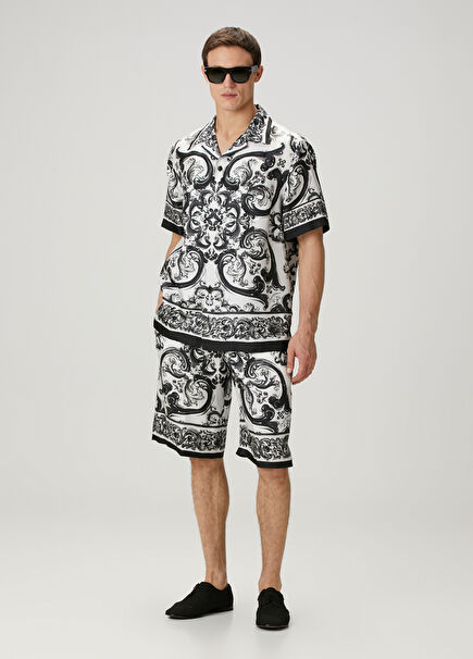 Siyah Beyaz Barok Desenli İpek Bermuda