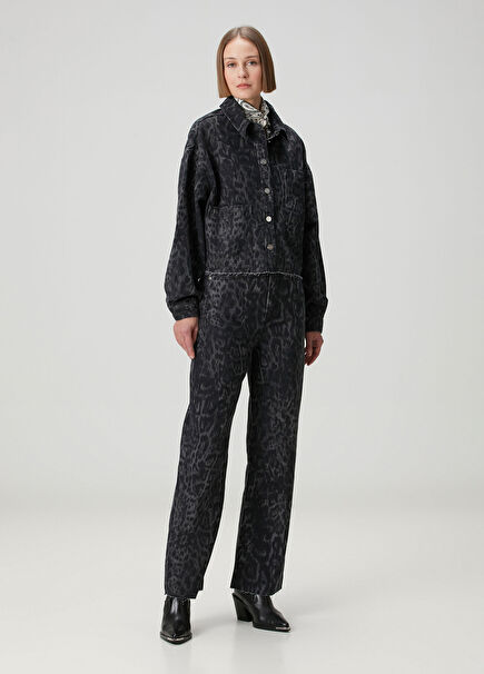 Blake Wide Leg Siyah Leopar Desenli Jean Pantolon
