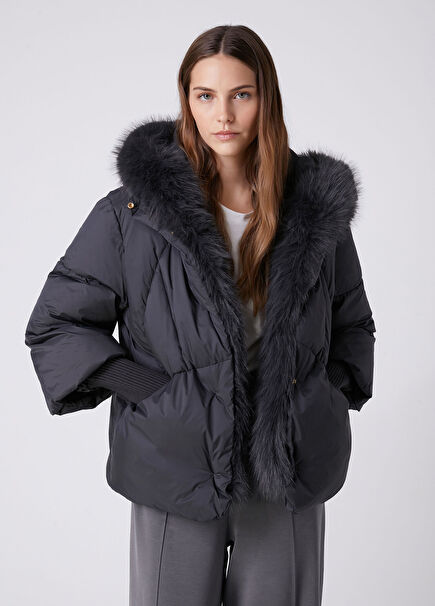 Koyu Gri Kapüşonlu Puffer Mont