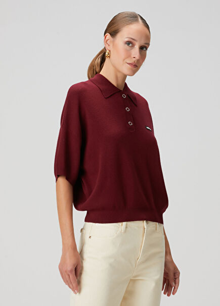 Loose Fit Burgundy Polo Sweater