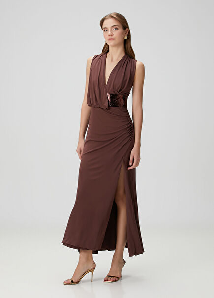 Lucille Brown Sequined Maxi Evening Dress