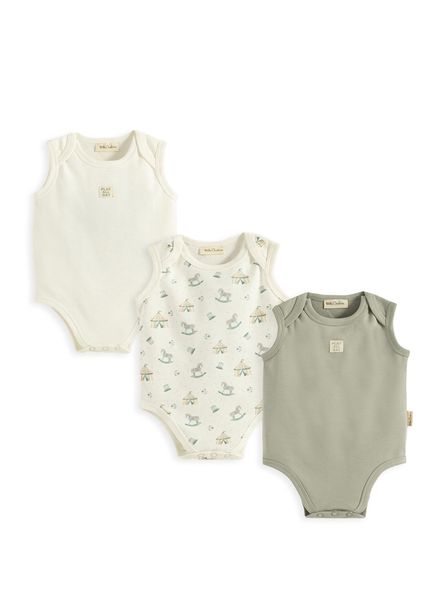 Cute Cırcus Ecru Green Cotton Sleeveless Unisex Baby 3-Piece Body Set