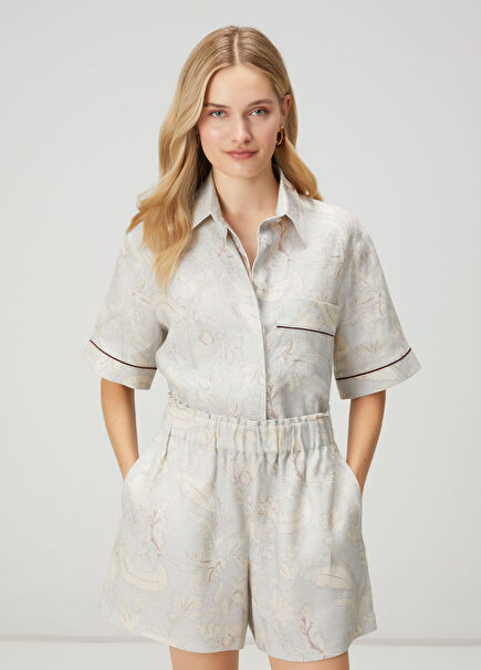 Mavi Şal Desenli Keten Gömlek