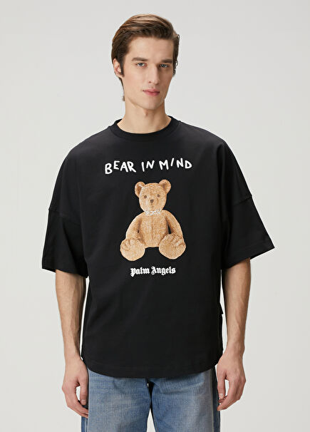 Black Figure Detailed Slogan Printed T-Shirt
