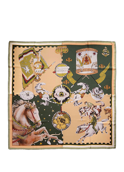 Ritmo Di Zoccoli Horses and Eyes Patterned Olive Green Silk Twill Women's Scarf