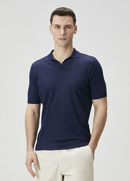 Lacivert Polo Yaka Kısa Kollu Keten Triko