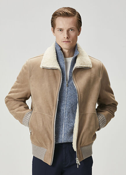 Bej Shearling Detaylı Süet Mont