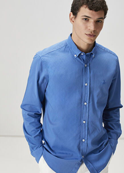 Comfort Fit Mavi Gabardin Doku Gömlek