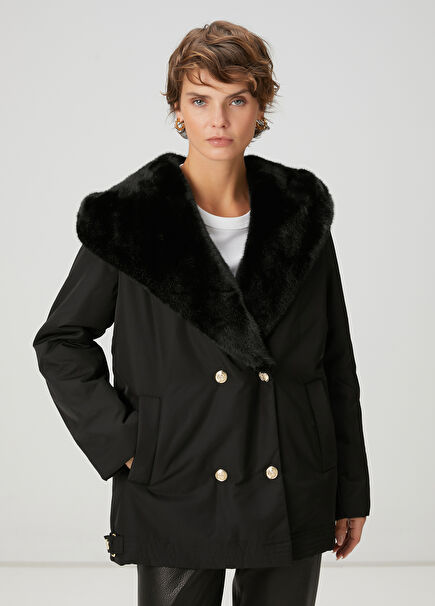 Black Hooded Double-Breasted Coat