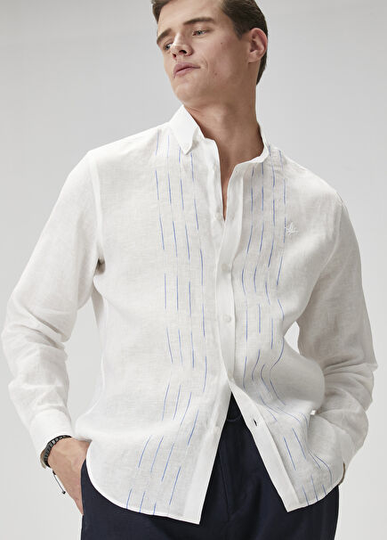 Comfort Fit White Embroidered Linen Shirt