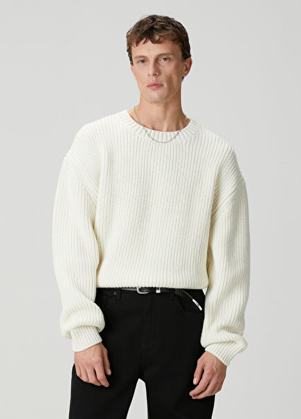 Ekru Selanik Örgü Dokulu Kazak