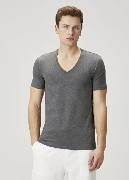 2li Koyu Gri V Yaka Basic T-shirt