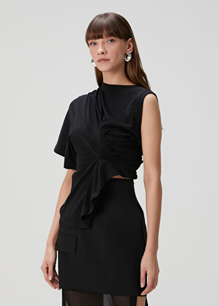 Black Asymmetrical Draped Blouse