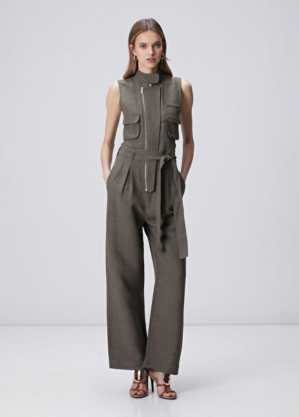 Khaki High-Neck Sleeveless Linen Blend Jumpsuit