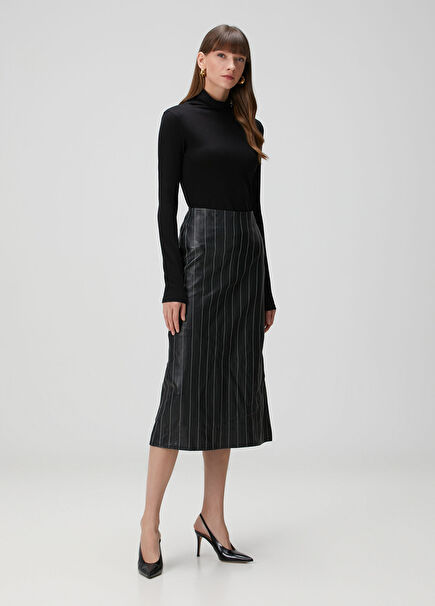 Siyah Çizgili Midi Deri Etek