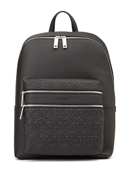 Black Logo Detailed Men's Leather Backpack