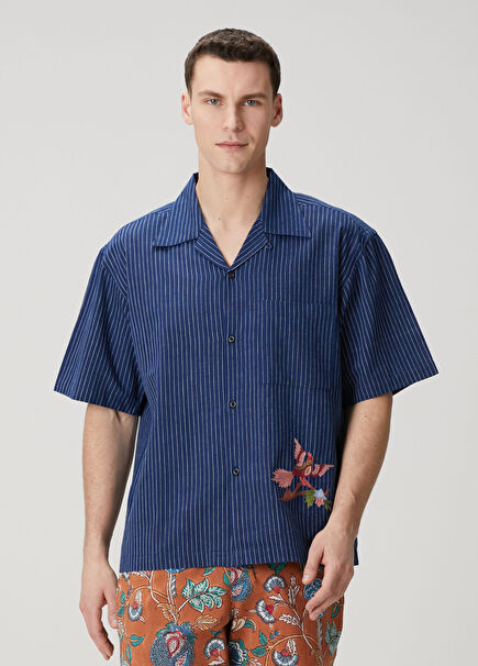 Rohit Lacivert Çizgi Desenli Kısa Kollu Gömlek