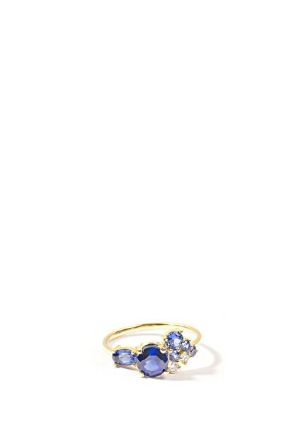 Cosmic Ring Diamond and Blue Sapphire 14 Carat Yellow Gold Women's Gold Ring