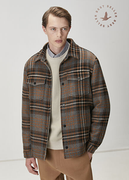 Kahverengi Ekose Desenli Yün Dış Gömlek