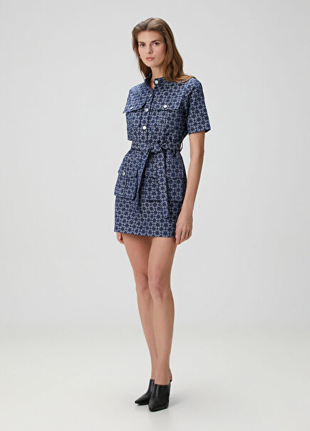 Koyu Mavi Logo Jakarlı Mini Denim Elbise