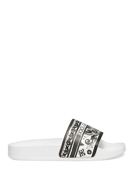 White Black Printed Boys Leather Beach Slippers