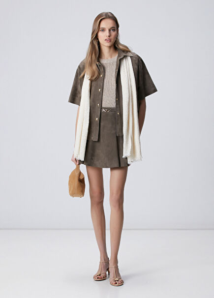 Khaki Waist Accessories Suede Leather Mini Skirt