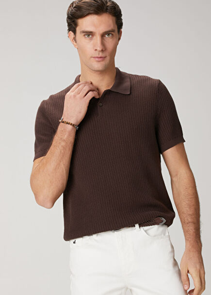 Kahverengi Polo Yaka Kısa Kollu Dokulu Triko