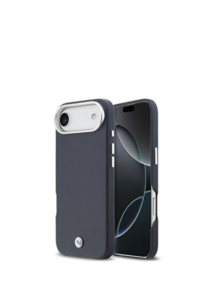 iPhone 17 Air Metal Logo Leather Navy Blue Magsafe Compatible Phone Case