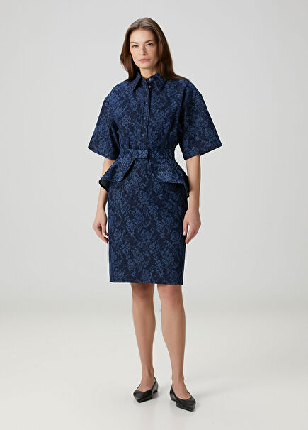 Koyu Mavi Desenli Midi Dantel Etek