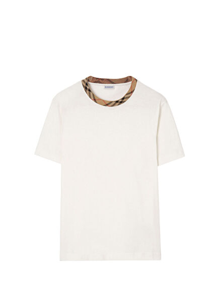 Check Trim White Cotton Short Sleeve Men's T-Shirt