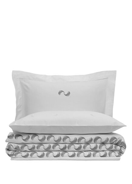 Breathless Gray Bird Feather Jacquard and Embroidered Organic Cotton Extra Large Size Duvet Cover Set
