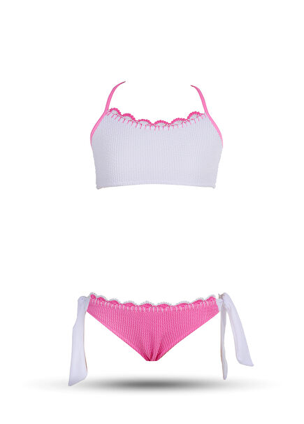 Bandeau White Embroidered Strap Girls' Bikini Set