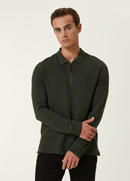 Slim Fit Haki Polo Yaka Ottoman Dokulu Sweatshirt
