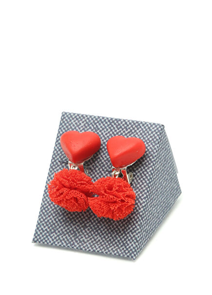 Kalp Sallantılı Ponponlu Kırmızı Kız Çocuk Küpe