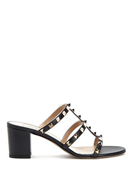 Rockstud Black Women's Leather Slippers
