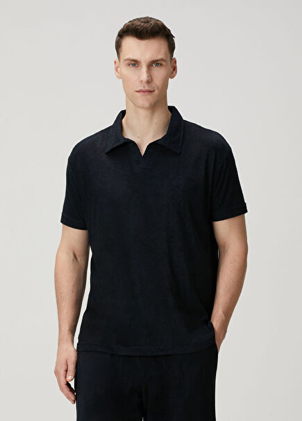 Qsimple Towelling Luxe Muscle Up Fit Lacivert Modal Polo Yaka Kısa Kollu Erkek T-Shirt