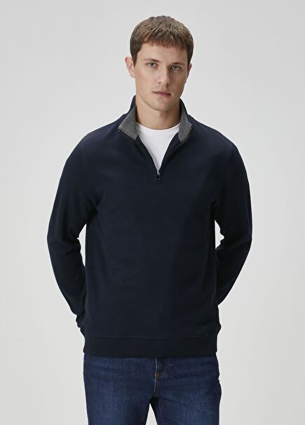 Lacivert Yakası Fermuarlı Sweatshirt