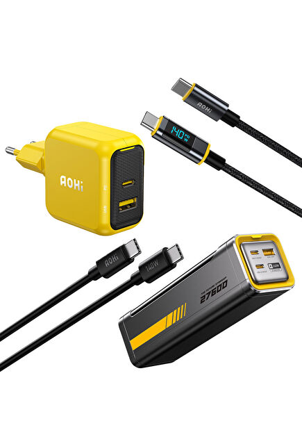 Magcube 67W 2 Portlu Şarj Adaptörü 27.600 mAh 240W PD3.1 Powerbank - 140W LED Ekranlı Naylon Örgülü Süper Hızlı Şarj Data Kablosu Seti