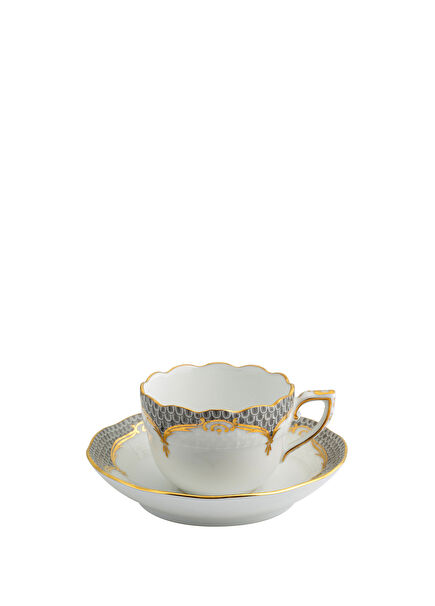 Fish Scale Patterned Grey Porcelain Coffee Cup and Saucer