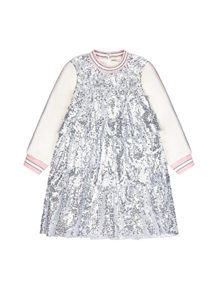 Grey Sequined Knitted Stripe Sleeve Girl's Dress