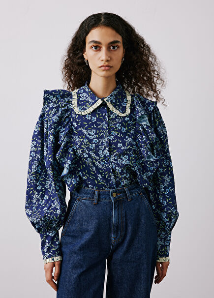 Bouree Navy Blue Floral Patterned Puffed Sleeve Women's Shirt