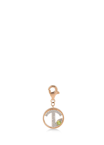 Mini “T” Harfli Charm Pırlanta Yeşil Peridot Taşlı 14 Ayar Pembe Altın