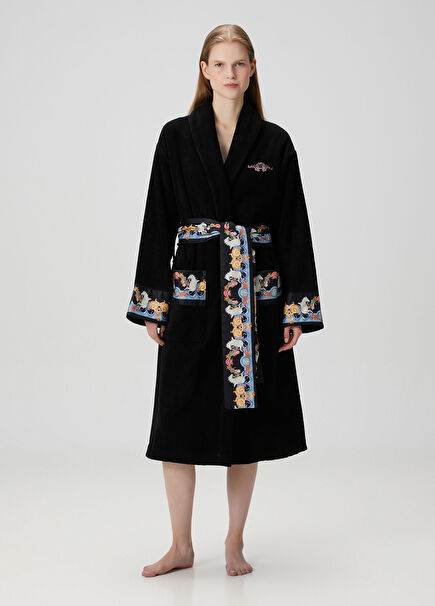 Siyah Figür Jakarlı Bornoz