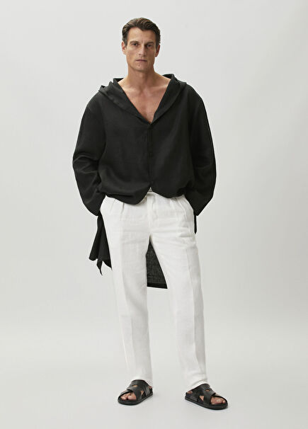 Black Hooded Embroidered Linen Kimono