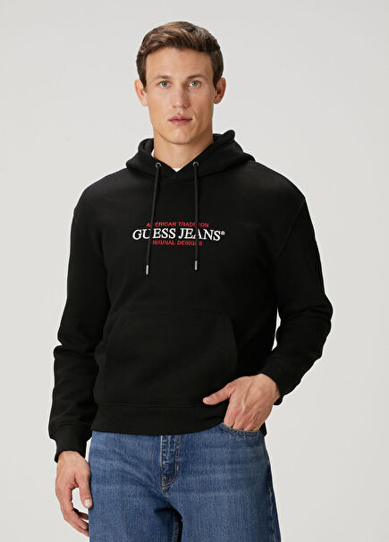 Black Hooded Logo Embroidered Sweatshirt