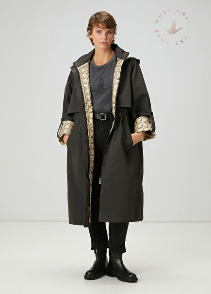 Koyu Haki Kapüşonlu Pardösü