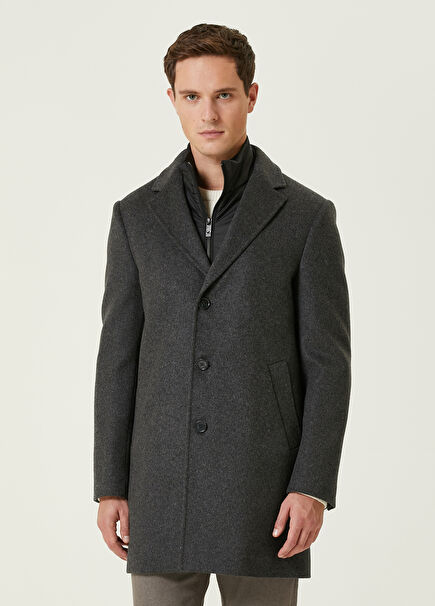 Grey Melange Wool Coat with Inner Collar Detail
