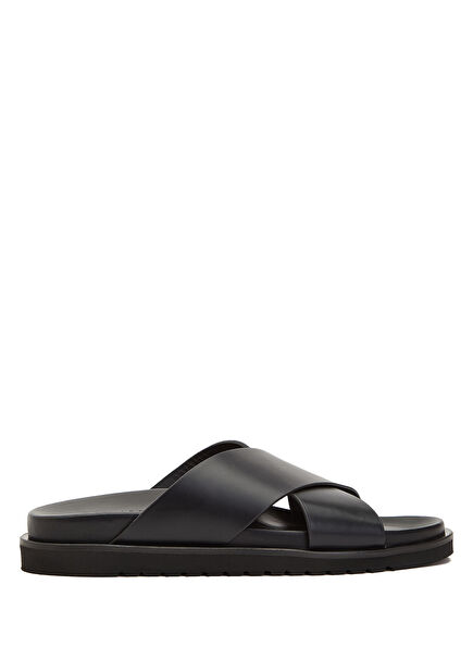Black Cross Straps Men's Leather Slippers