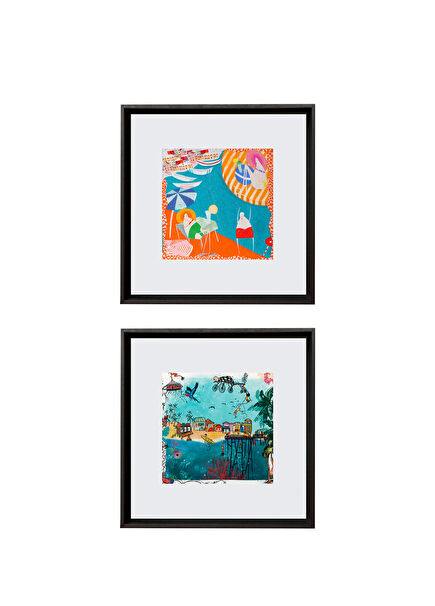 Hawaii and Amalfi Beach Life Set of 2 Black Silk Paintings